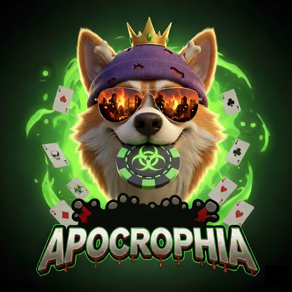 Stylized illustration of Apocrophia featuring a crowned corgi wearing sunglasses surrounded by biohazard neon